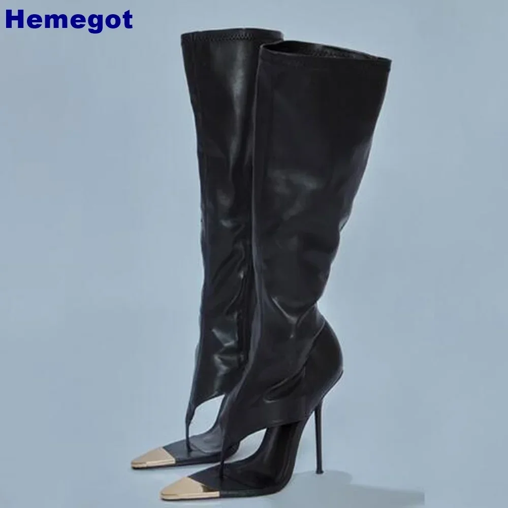 Sexy Women\'s Clip-Toe Catwalk Boots 2024 Summer New Party Black Zipper Model Stage Boots Street Fashion Stilettos Mid-Calf Boot