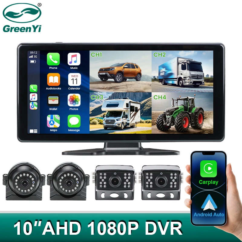 GreenYi 10.36'' Wireless Carplay Android Auto 4CH Touch Screen Monitor With 1080 Front/Side/Rear Camera For Truck Trailer Bus RV