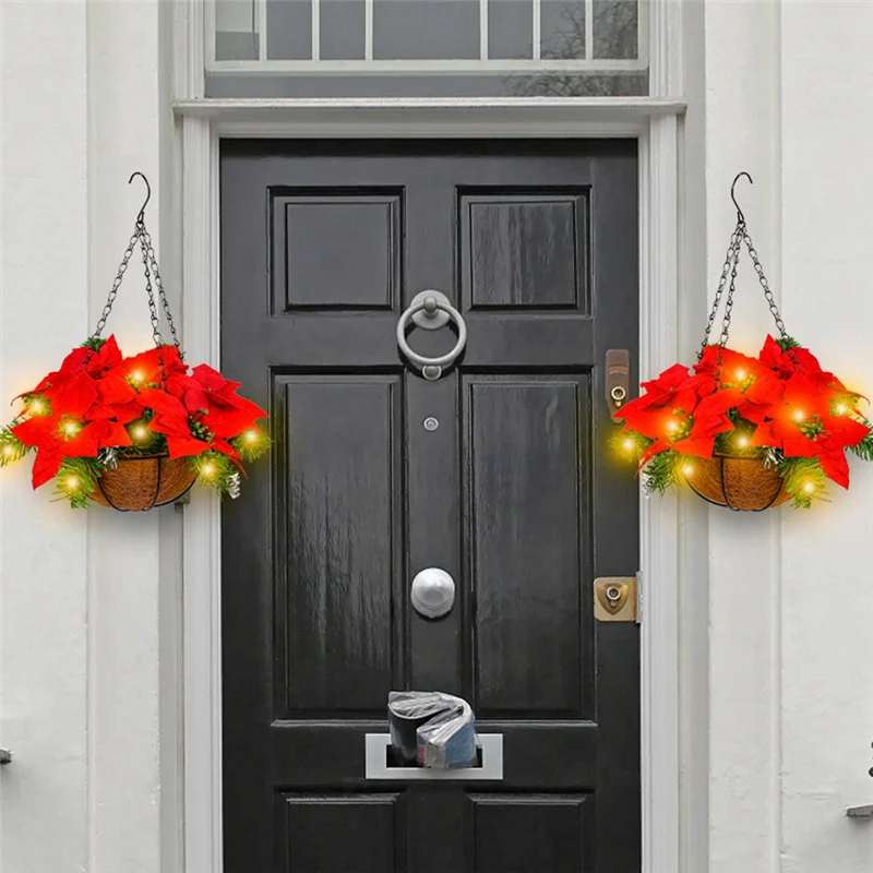 Y42A-1 قطعة عيد الميلاد سلة معلقة مع الزهور الحمراء وللخارجية ساحة الشرفة ديكور البلاستيك + المعادن زينة عيد الميلاد