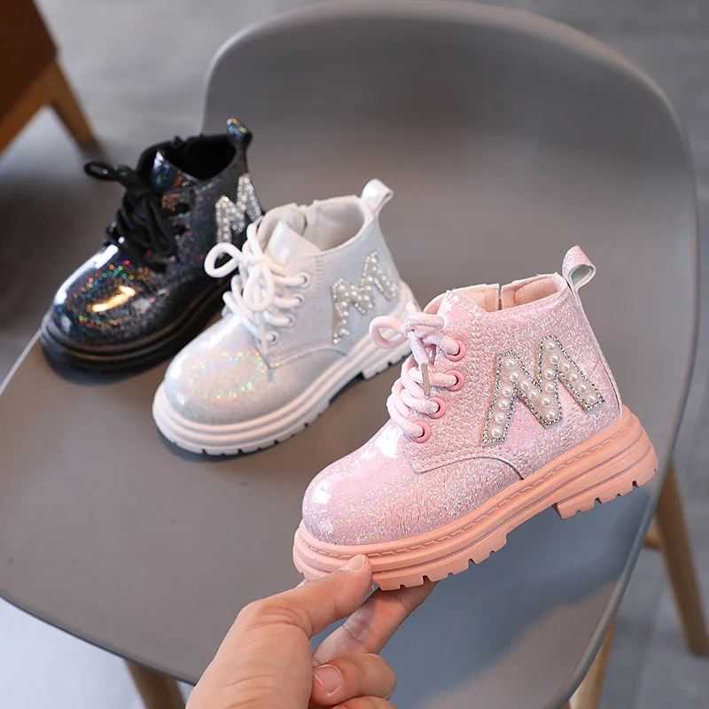 Kids Fashion Rubber Boots Cool  Autumn/Winter Cotton soft sole Glitter leather M Pearl Style Zipper Girls' shoe