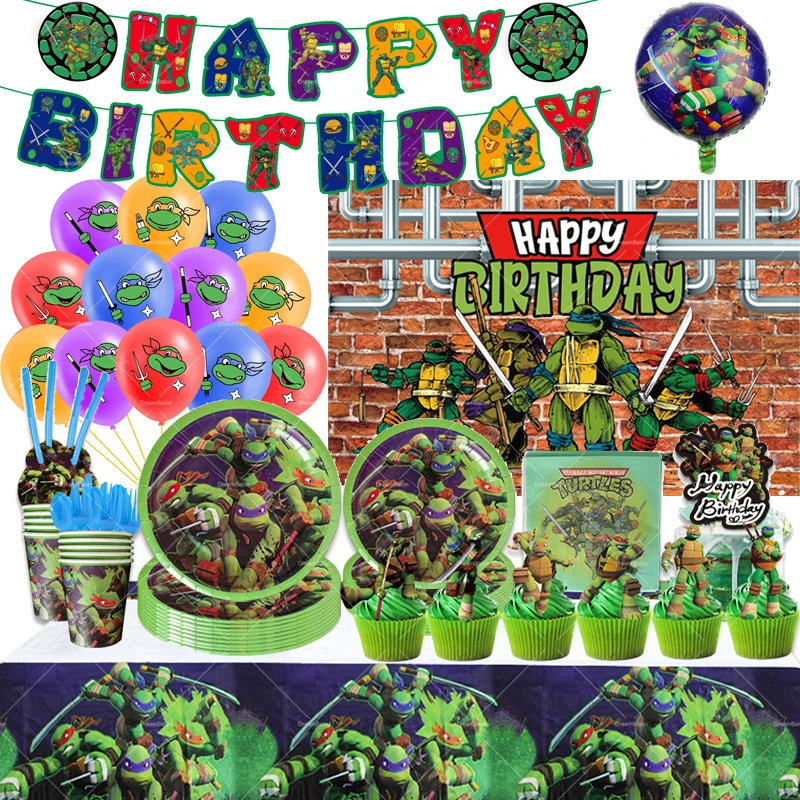 Disney Tortoise Hero Turtle Balloons Birthday Banner Party Decorations Anime Ninja Cake Topper Disposable Tableware Background