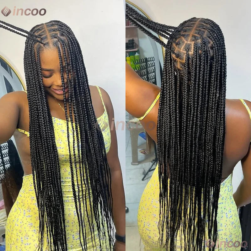 Peruki z przezroczystą koronką, warkocze typu cornrow o długości 36 cali dla kobiet, bezszwowe warkocze typu box braids, czarna peruka afrykańska, syntetyczna peruka na wyprzedaży.