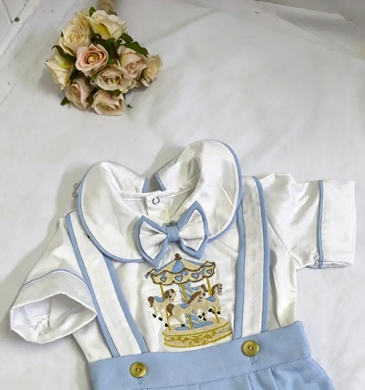 0-6Y Baby Boy Summer Short Sleeves Carousel Embroidered Tie Blue White Outfit Suit for Party Birthday Holiday B725