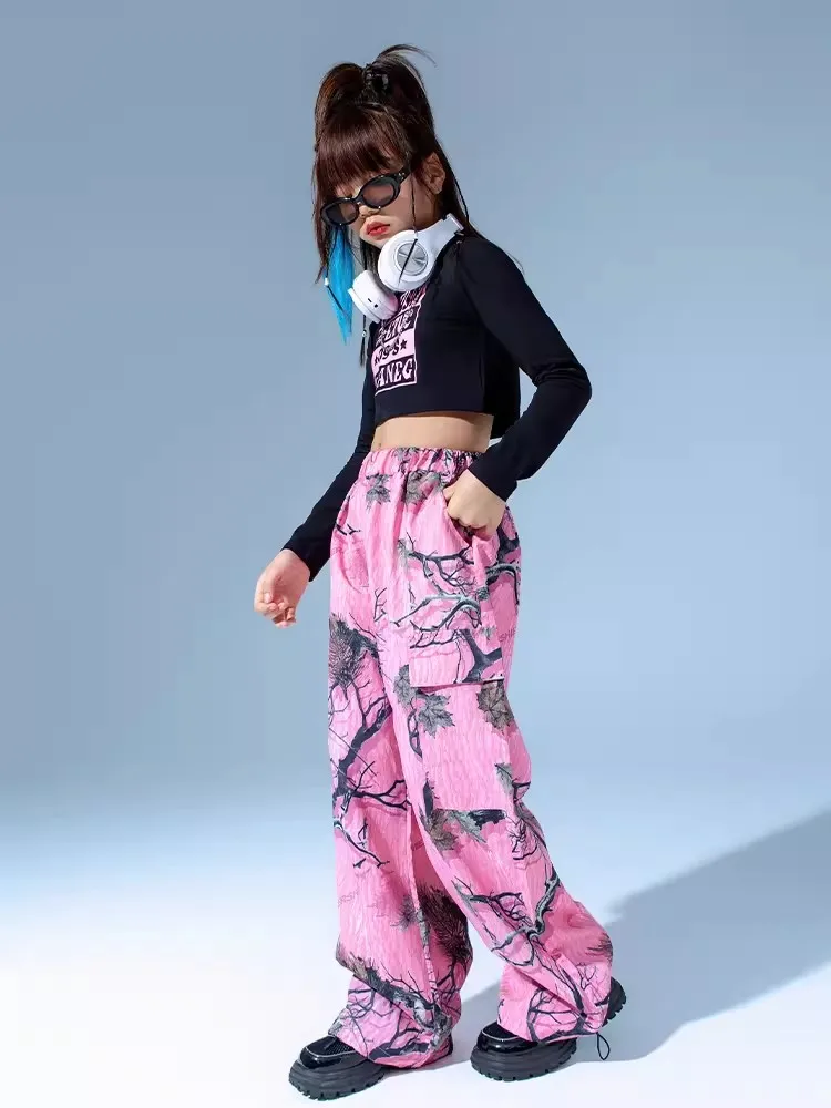 Fato de dança de jazz infantil, roupa de Kpop, tops recortados, calça rosa, roupas hip hop, roupas de palco, BL11817