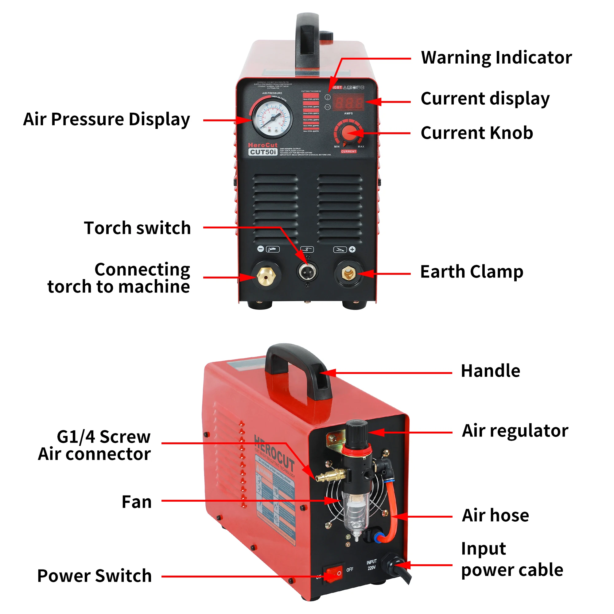 HEROCUT Plasma Cutter CUT50D IGBT Single Phase HF 50Amps 220V DC Air  Plasma Cutting Machine Clean Cutting Thickness 15mm