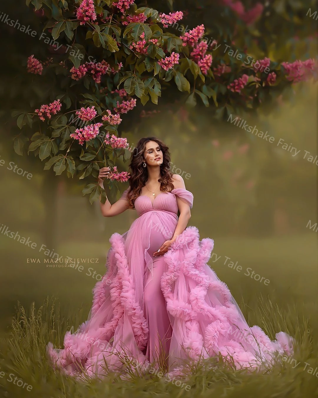 Fluffy Pink Tulle Maternity Robes for Photo Shoot Off Shoulder Tiered Ruffles Pregnant Women Dress Customized Baby Shower Gown