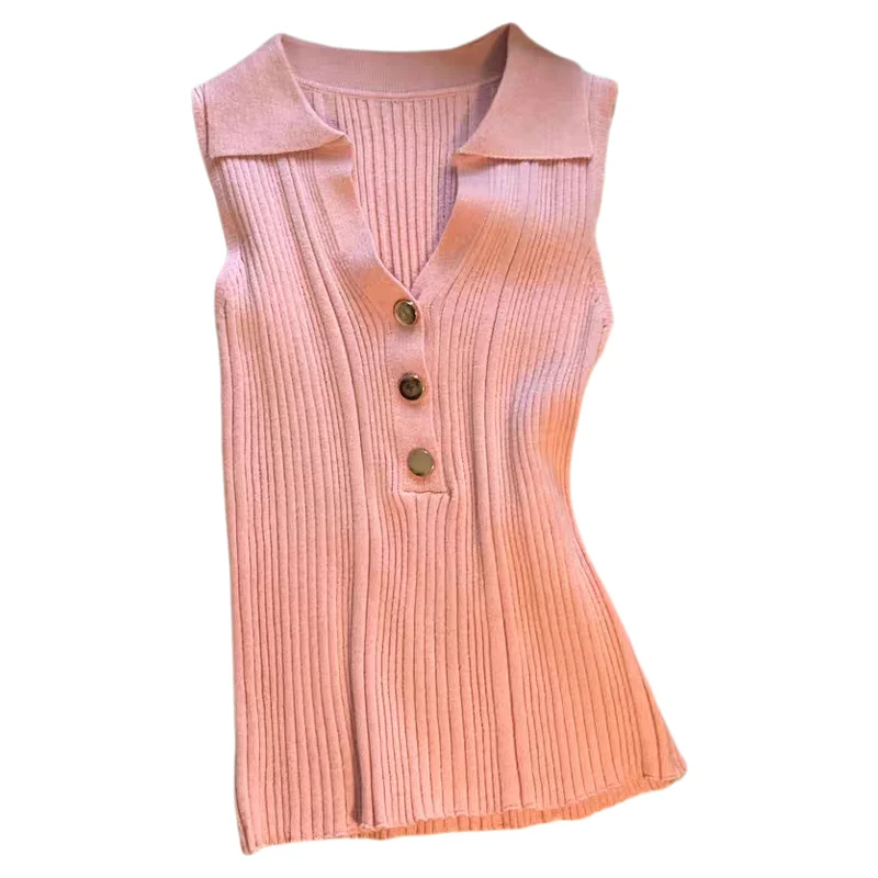 

Summer Camis Tops Women's Korean Fashion Luxury Designer Short Vest Button Polo Neck Sleeveless Top Women Girls Clothes