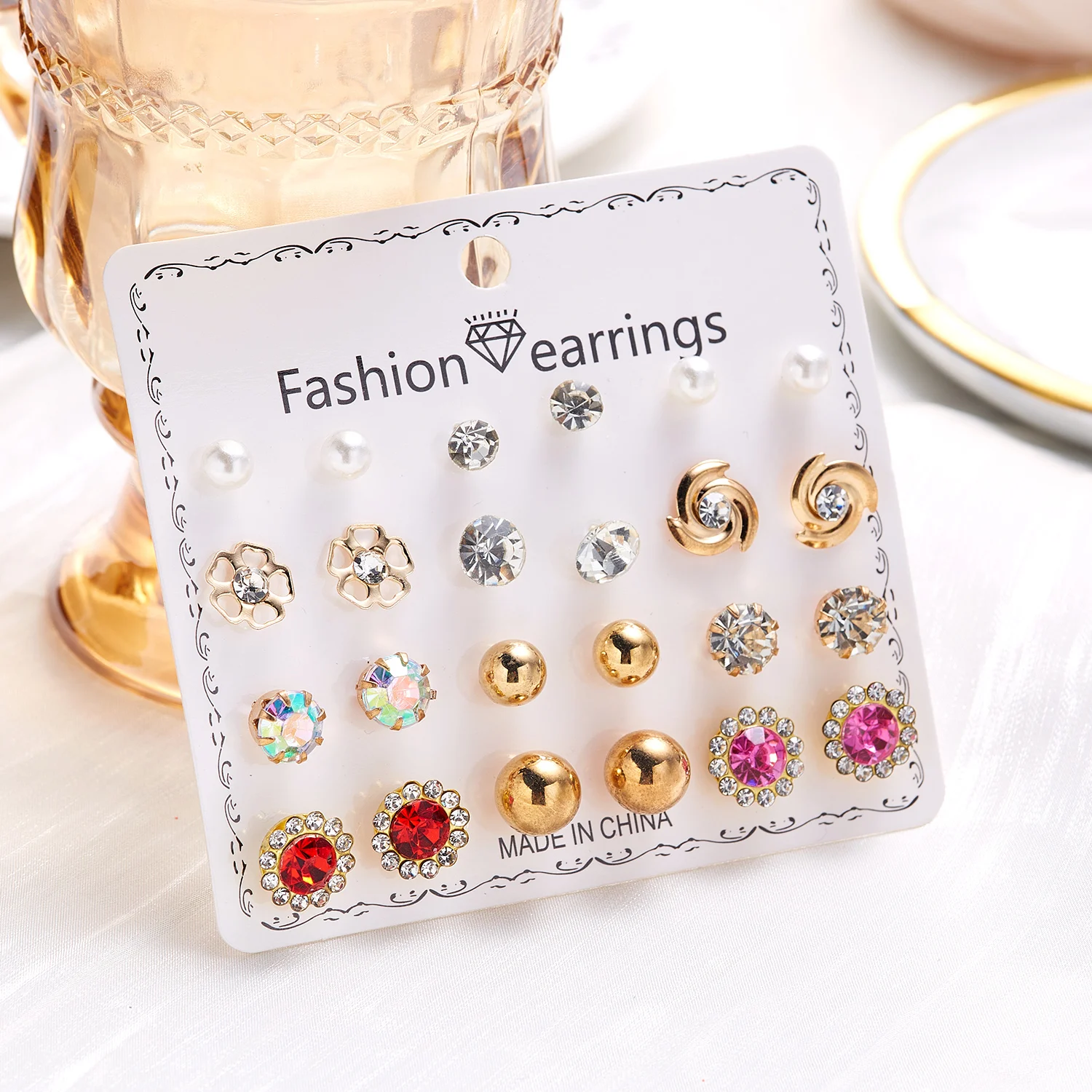 Elegant Zircon Flower Stud Earrings Set for Women Rose Star Moon Bowknot Geometric Piercing Jewelry Wedding Party Ear Gifts