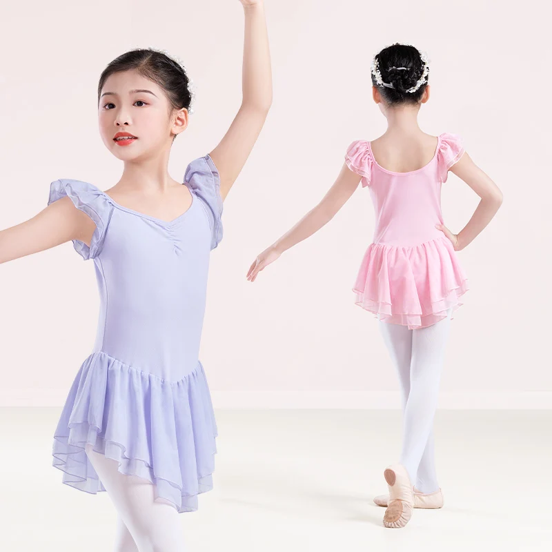 Girls Ballet Leotard with Skirt Short Sleeve Girls Cotton Dance Gymnastics Leotard Kids Ballerina Dance Dress 2 layers Sleeve