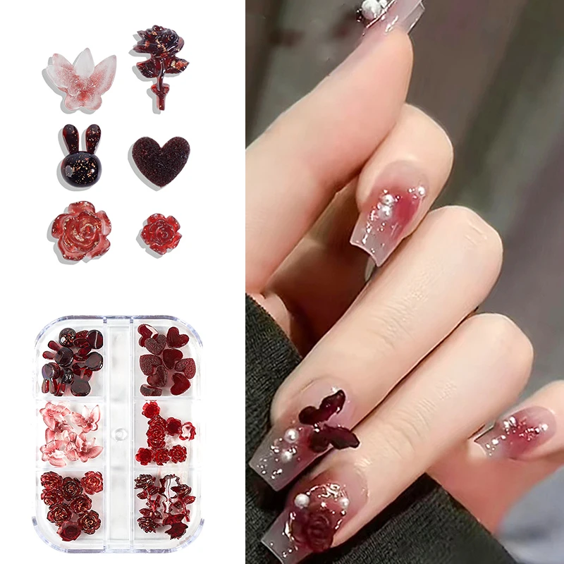 6 Grids Mixed Nail Charms 3D Mini Candy &Flower Valentine‘s Decoration Summer Resin Nails Accessories Supplies Luxury Parts