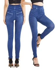 LJCUIYAO Solid Color fałszywy Zip dżinsy z nadrukami panie Plus rozmiar Jeggings miękkie fałszywe Denim joga długie spodnie kobiety rozciągliwe legginsy