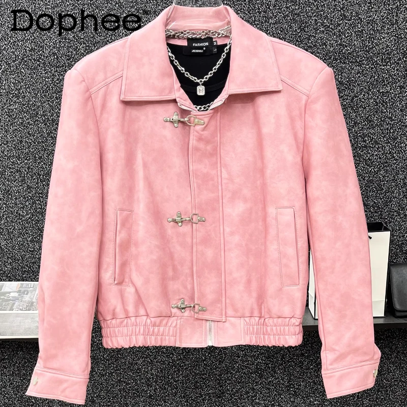 

Men's 2025 Autumn New Fashion Trendy Versatile Soft Faux Leather Jackets High-end Retro Airplane Buckle Short PU Leather Coats