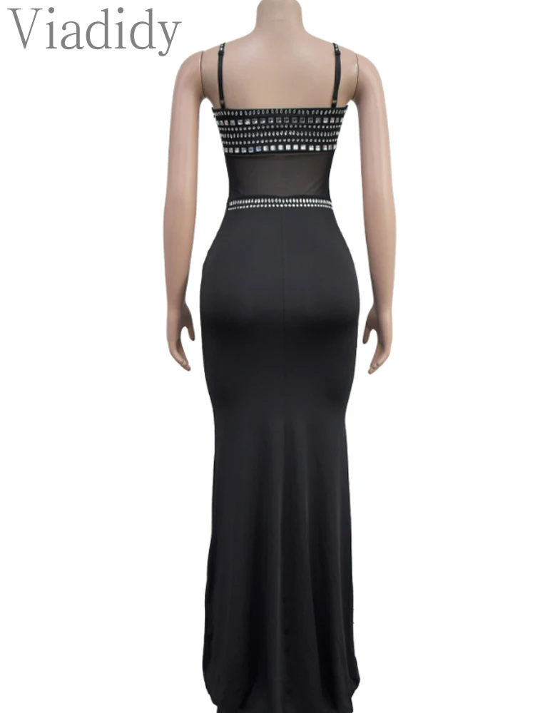 Women Sexy Sleeveless Solid Color Spaghetti Strap Mesh Patchwork Rhinestone Decor Floor-length Party Dress