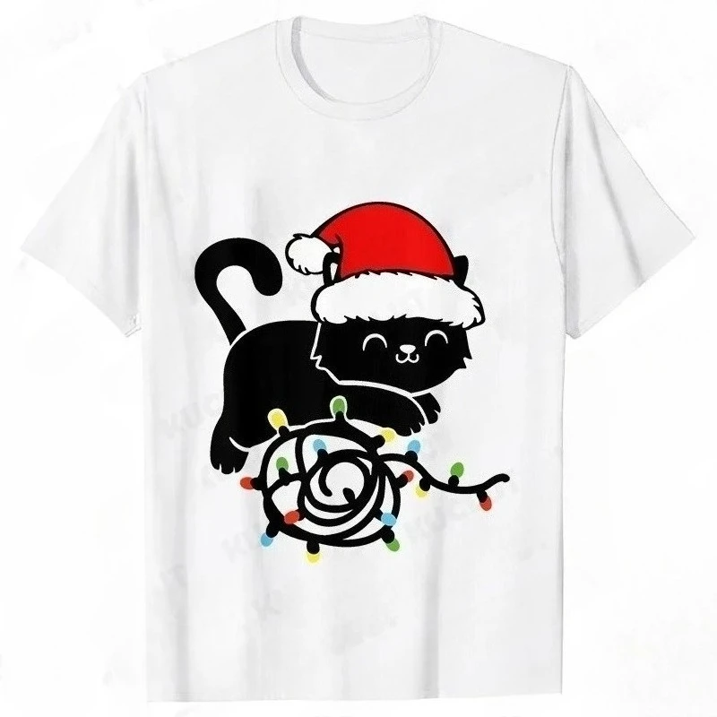 2026 الموضة العصرية تي شيرت قصير الأكمام تيز للنساء مضحك أضواء عيد الميلاد القط تي شيرت الإناث الكورية ملابس الشارع الشهير غير رسمية