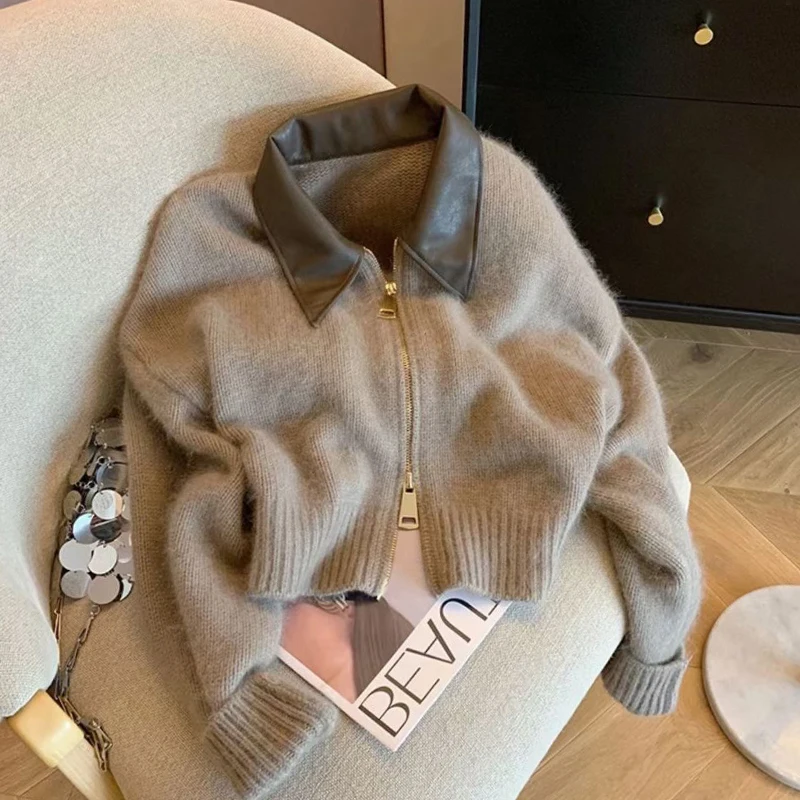 

Faionable Spliced Leather Collar Knitted Sweater Coat Women's ort Outerwear Dual Zipper Open Cardigan Long Sve Autumn