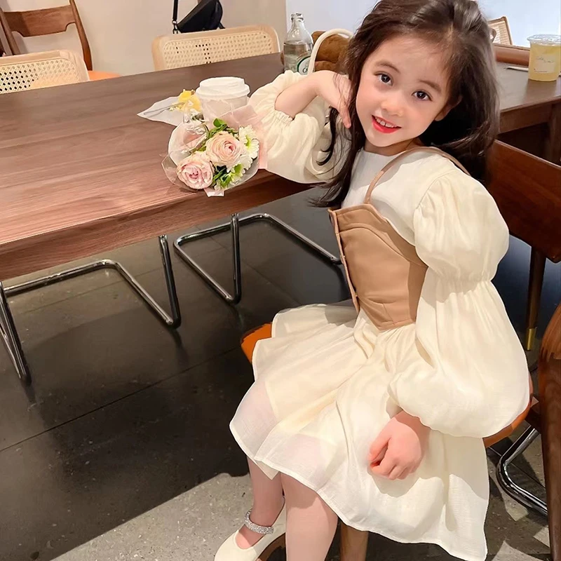 Long Sleeve Chiffon Princess Dress + PU Leather Vest 2Pcs 2024 New Girls Dress Spring And Autumn Fashion 2-12 Years Kids Clothes