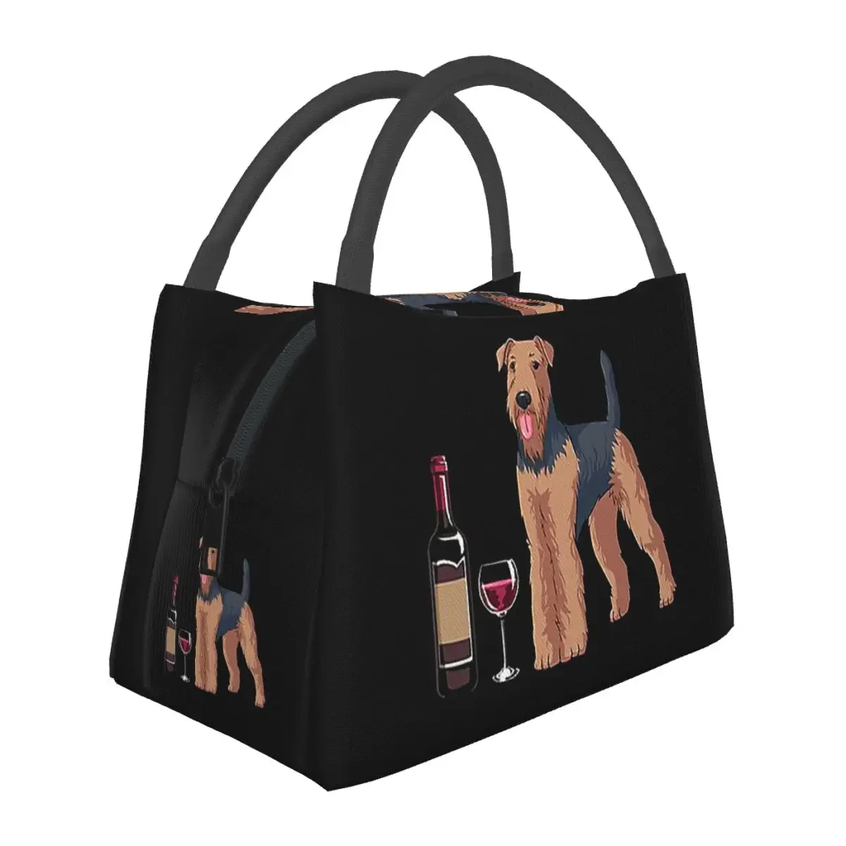 

Airedale Terrier And Wine Funny Dog Lunch Bags Insulated Bento Box Lunch Tote Picnic Bags Cooler Thermal Bag for Woman Girl Work