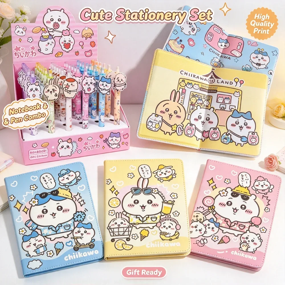 Hot Sale Chiikawa Stationery Set A5 PU Leather Notebook with Kawaii Character Gel Pens Anime Notebook Pen Set Stationery Gift