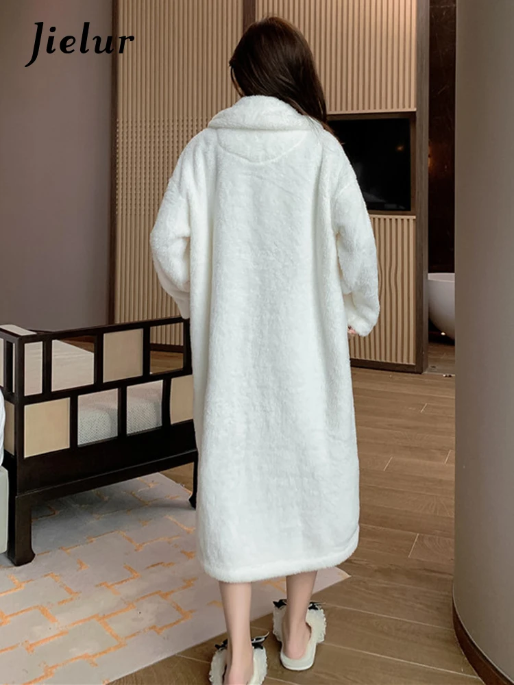 Jielur Coral Velvet Robe Women New Thickened Warm Lovely Solid Color Pajamas Autumn Winter White Bathrobe Woman Home Clothes