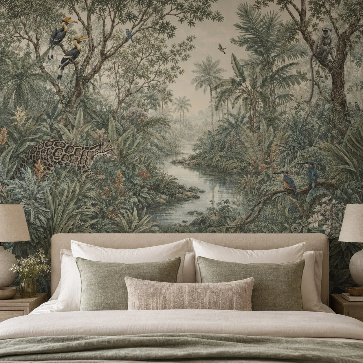 Vintage Tropical Jungle Wall Mural Wallpaper Leopard Hornbill Monkey Exotic Birds River Landscape Living Room Non Self Adhesive