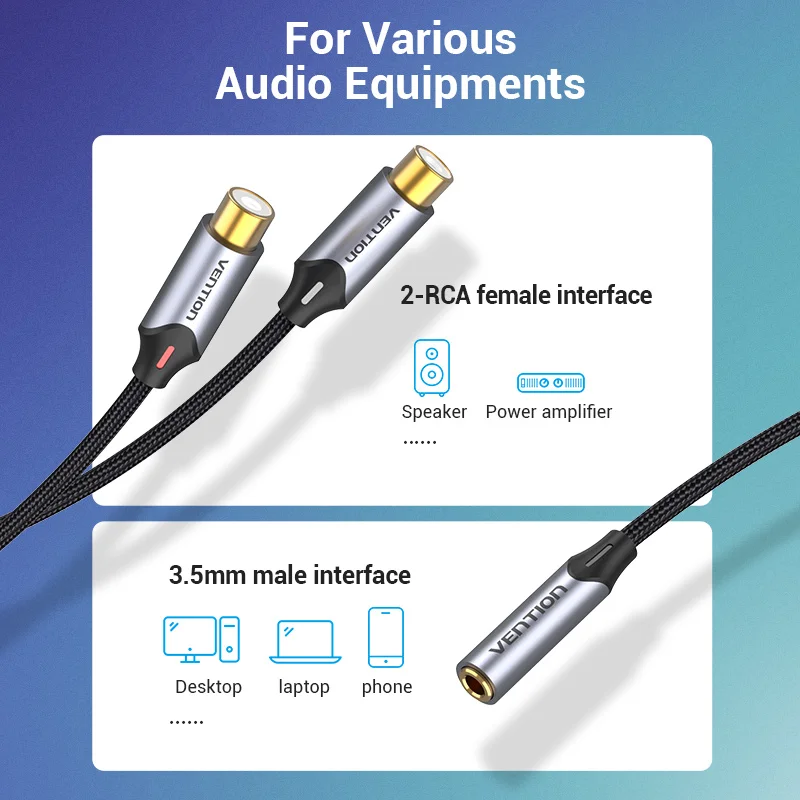 Vention kabel RCA 3.5 Jack do 2 RCA Splitter Jack żeński-żeński 3.5mm złącze RCA do wzmacniaczy głośnik Tablet przewód AUX