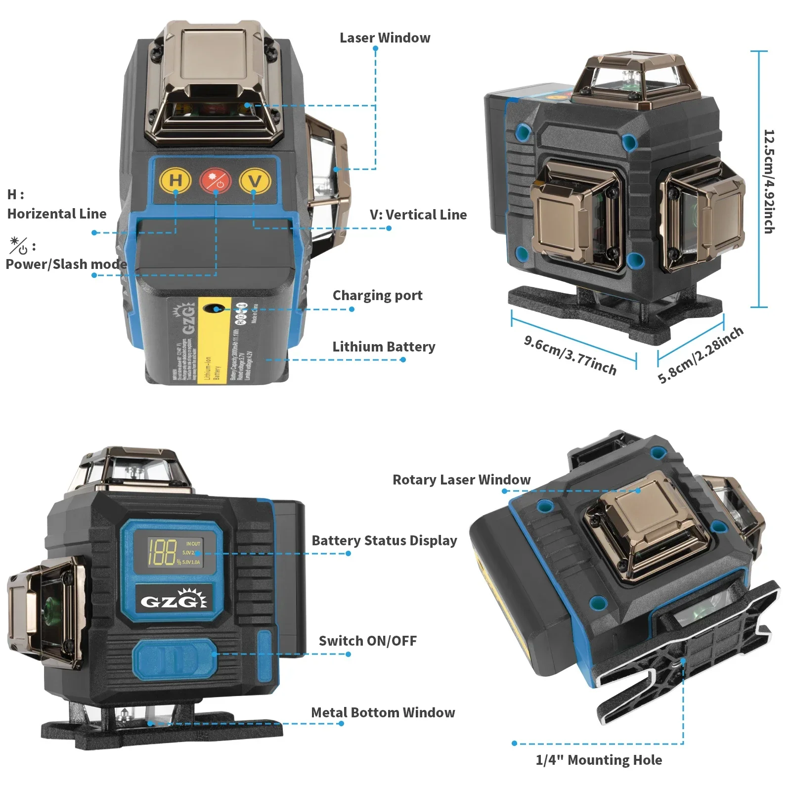 G16 4D 16-Line Laser Level, Yellow/Black, 18650 Rechargeable Battery USB Charging, Professional Construction Tool
