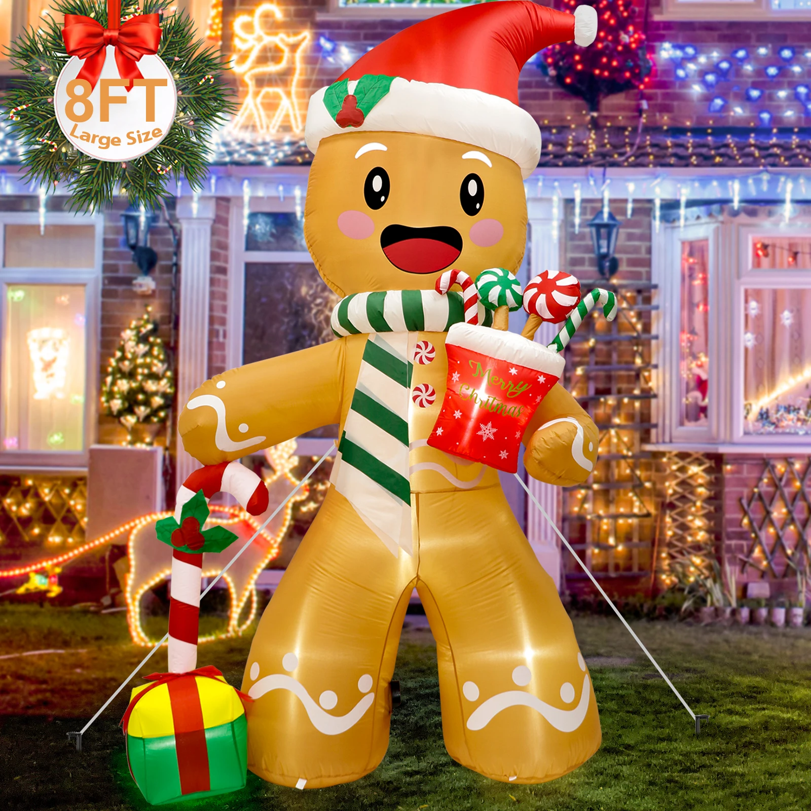 8FT Christmas Inflatables Outdoor Decorations Gingerbread Man Cute Xmas Blow Up Yard Decorations with 8 LED Lights for Decor