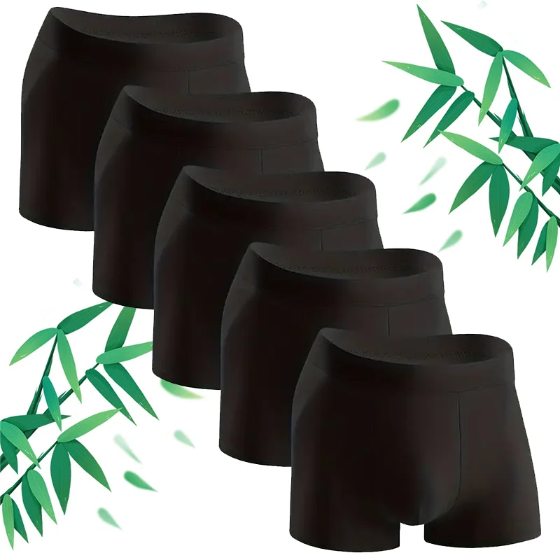5-Piece Set Of Bamboo Fiber Men's Comfortable Boxer Shorts, Black Sexy Sports Underwear, Men's Close Fitting Underwear