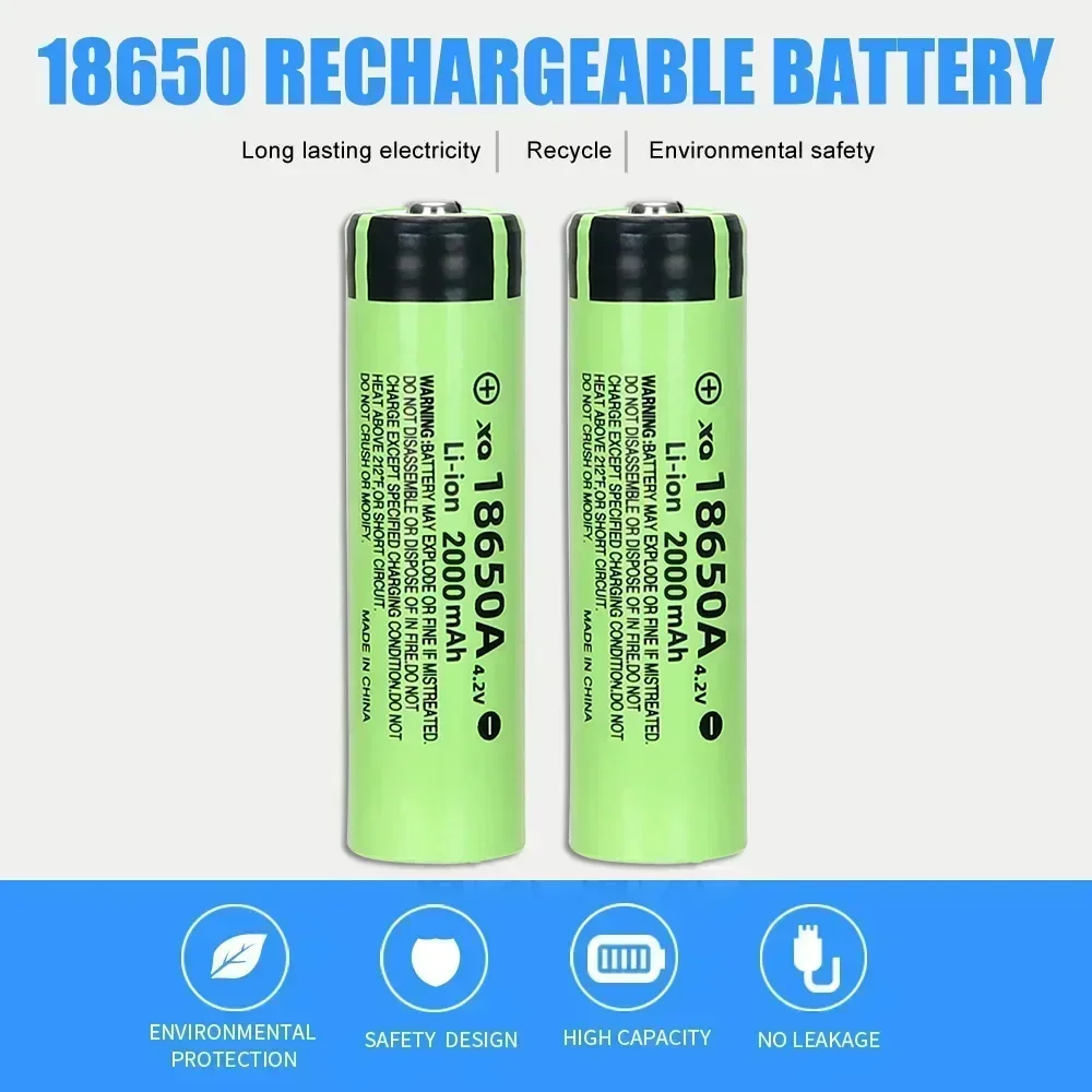 100% New 4.2V 2000mAh 18650 Battery Rechargeable Power Batteries 3C Discharge 18650 HD Cell Lithium Battery with LED Flashlight