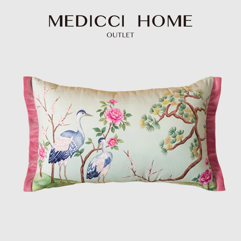 Medicci Home Victorian Style Retro Lumbar Pillow Case Blue Cranes And Botanicals Adorn Velvet Cushion Cover Elegant Home Decor