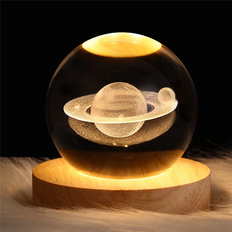 Crystal Ball Night Light with Base LED Table Lamp Lighted Stars Galaxy USB Power Warm Night Light Saturn Kid