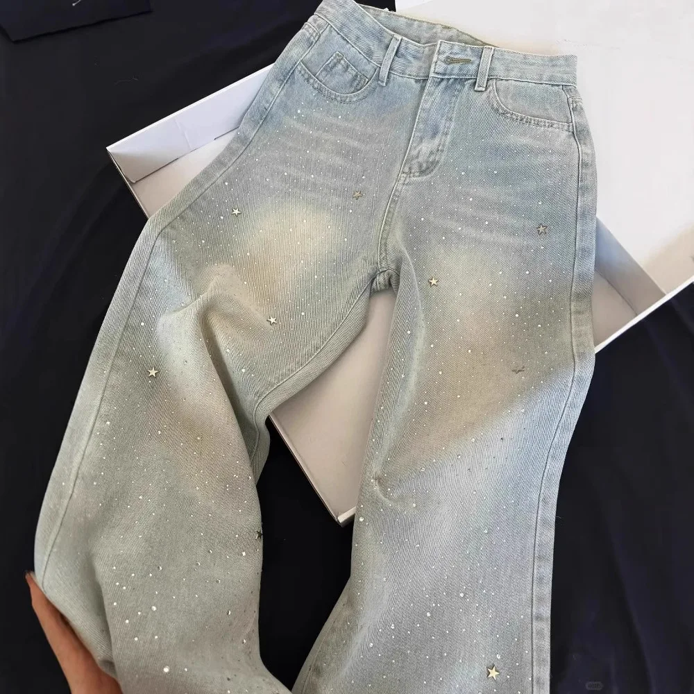 Four Seasons New Fashion Women's Light Blue Wide Leg High Waist Loose Casual Trendy Jeans Female Diamond Studded Denim Trousers