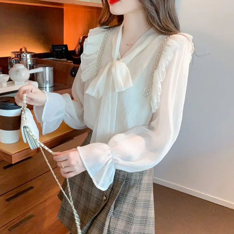 spring Autumn new Butterfly Bow High Grade Chiffon Shirt for Women\'s Age reducing Unique Small Shirt sweet long sleeves chic Top