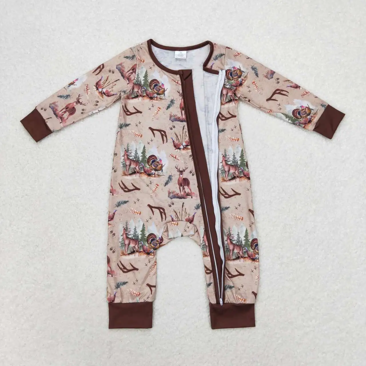 Fashion Baby Girls Boys Bamboo Antler Turkey Brown Zip-Up Long Sleeve Bodysuit With Bow Pattern Romper Wholesale Clothes