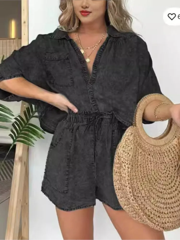 Moda vintage denim azul shorts terno para as mulheres verão nova moda simples bolso corda casual solto topos 2 peça conjunto feminino
