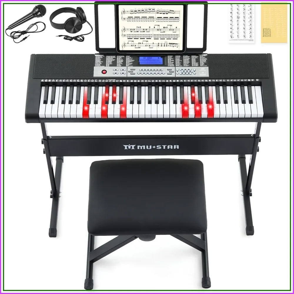 61-Key Light-Up Keyboard Piano for Beginners with 255 Tones & Rhythms, Complete Set with Stand, Stool, Headphones, Microphone & Stickers