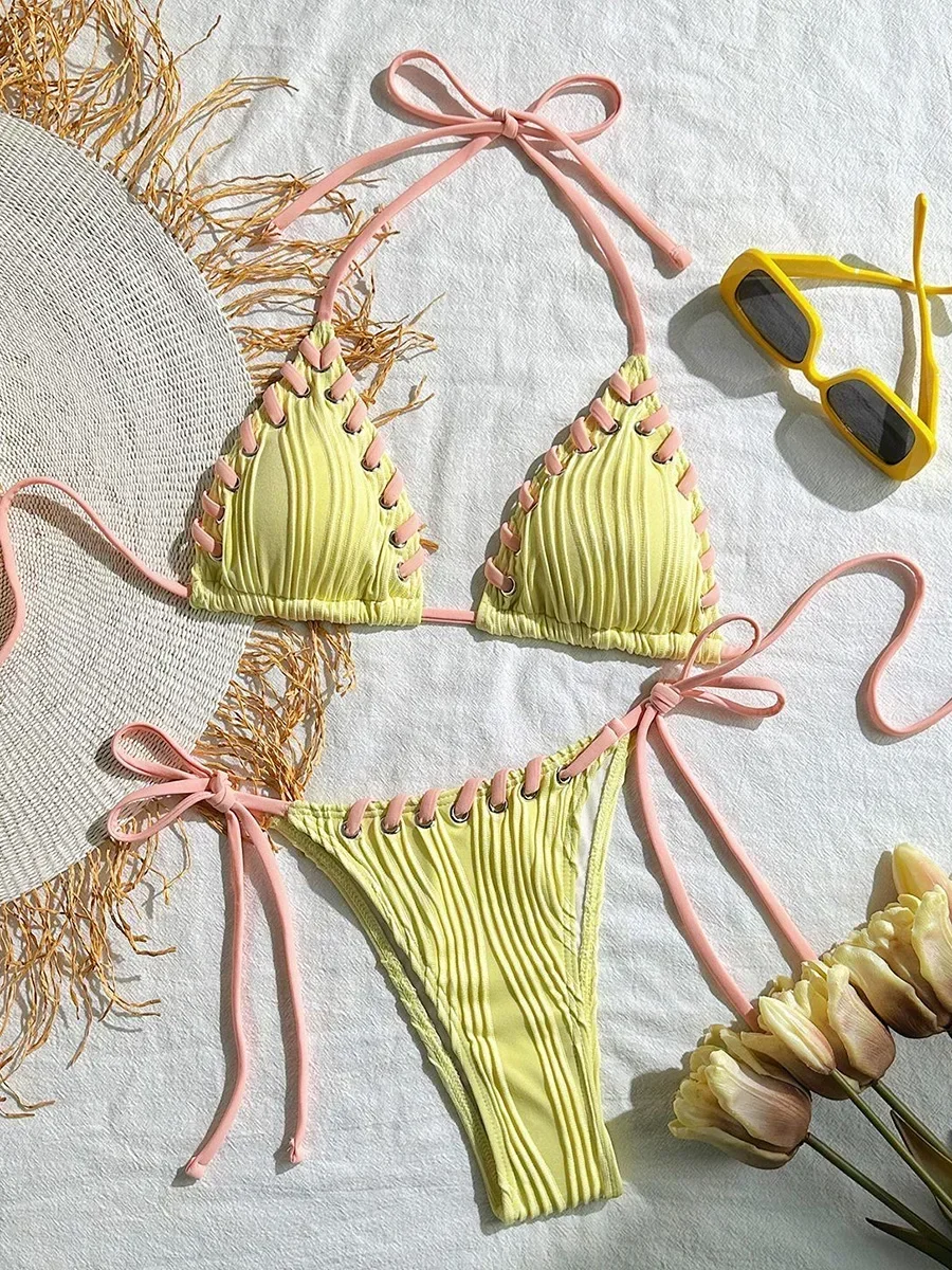 2025 halter enrugado tecer biquíni feminino maiô de duas peças conjunto biquíni brasileiro natação beach wear