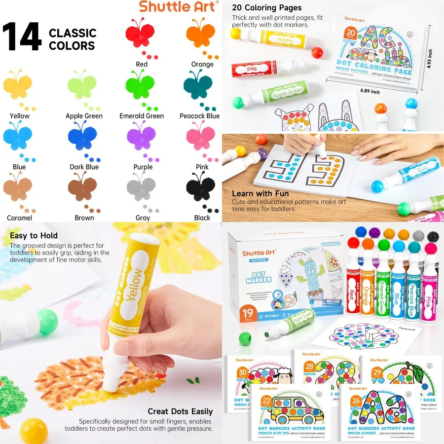 

Маркеры Shuttle Art Dot, 14 цветов, Бинго Daubers с 13 узорами, 5 книг для занятий, образовательный набор с художественной деятельности, Non-Toxi