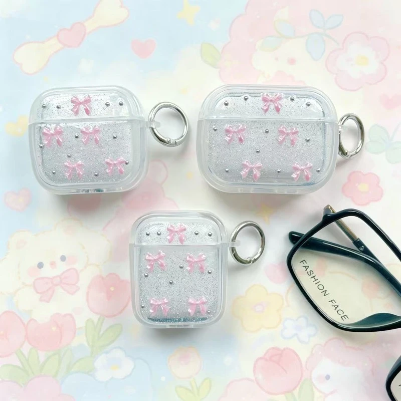 Multi colored 3D bow flash headphone case protective cover, cute and sweet bow headphone protective cover, with keychain