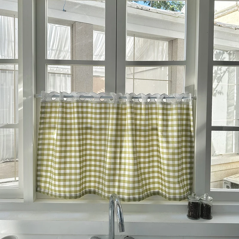 الجاموس تحقق منقوشة نافذة الستائر مع الدانتيل شبه شير ستارة المطبخ مزرعة القماش القطني قضيب جيب الستائر لديكور غرفة نوم #4