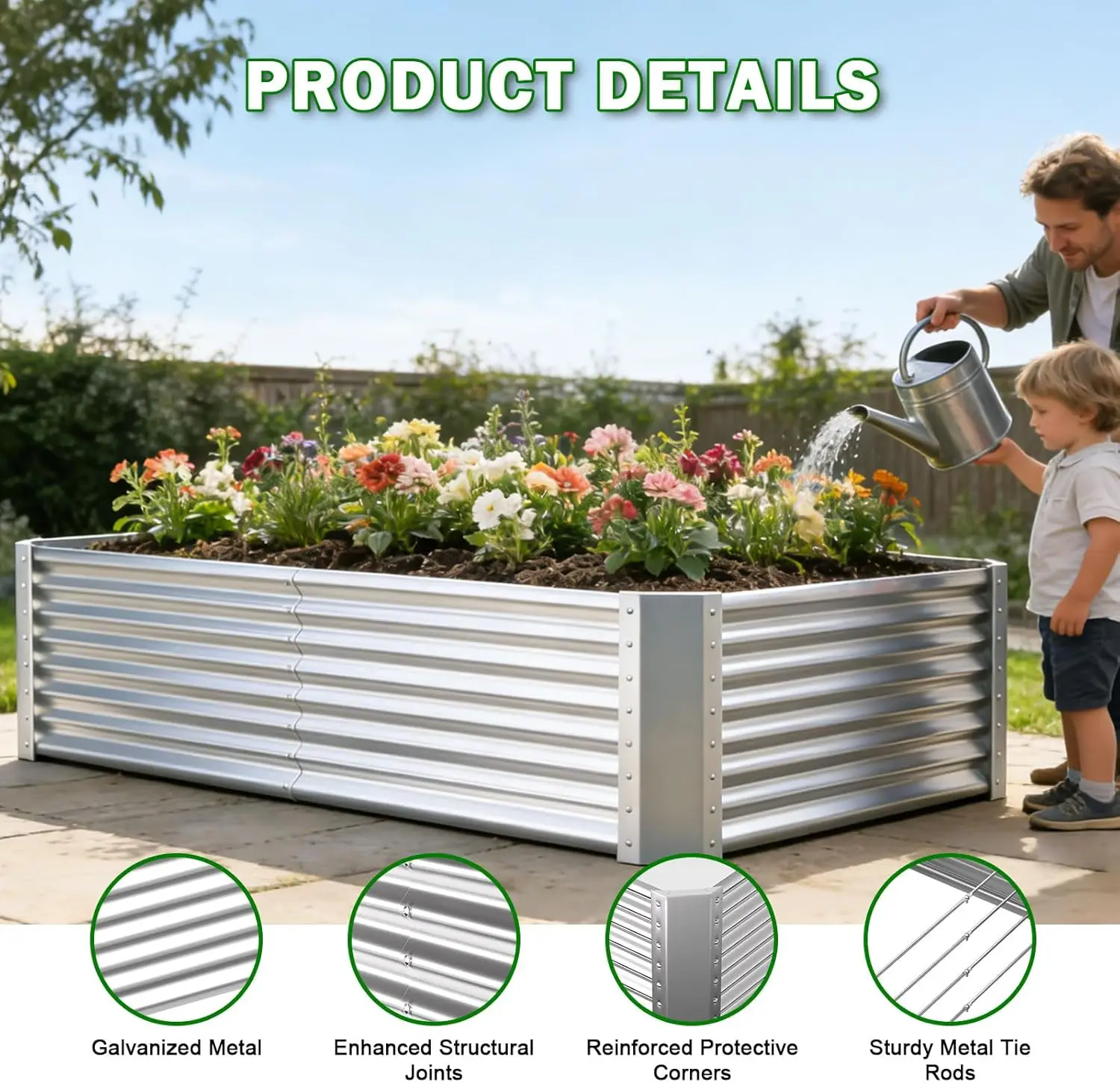 Outdoor Patio, Galvanized Metal, Silver, Large Rectangular Deep Root Planter Box for Gardening, Vegetables, Flowers, and Herbs view 2