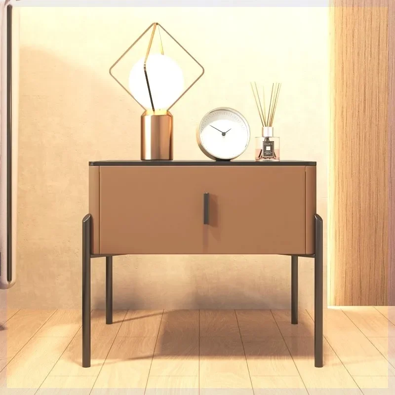 Modern Solid Wood Nightstand with Sintered Stone Top Minimalist Luxury Bedside Table for Bedroom Compact Storage Furniture