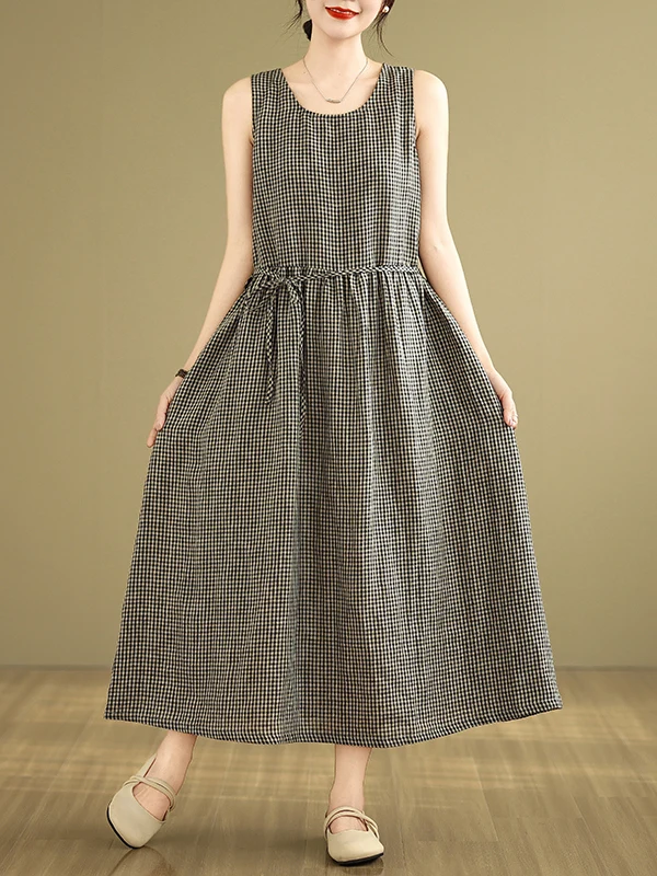 

Женский летний жилет в клетку из хлопка и льна в стиле ретро для похудения, удобный дышащий жилет без свека, круглый Ne