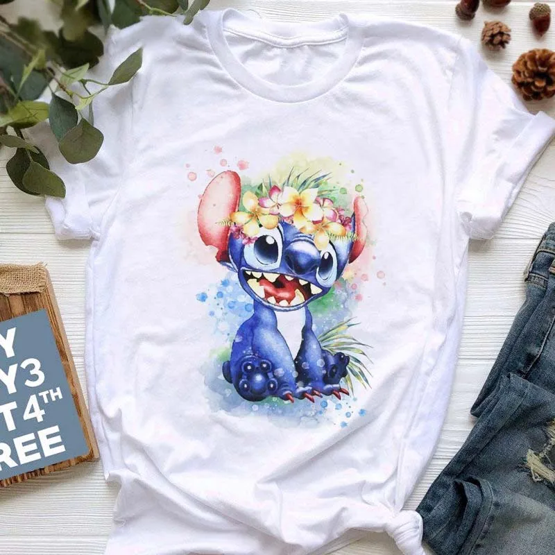 Disney-Camisetas De Lilo & Stitch para hombre y mujer, Tops bonitos de dibujos animados, camisas blancas a la moda, ropa Y2k para verano, 2024