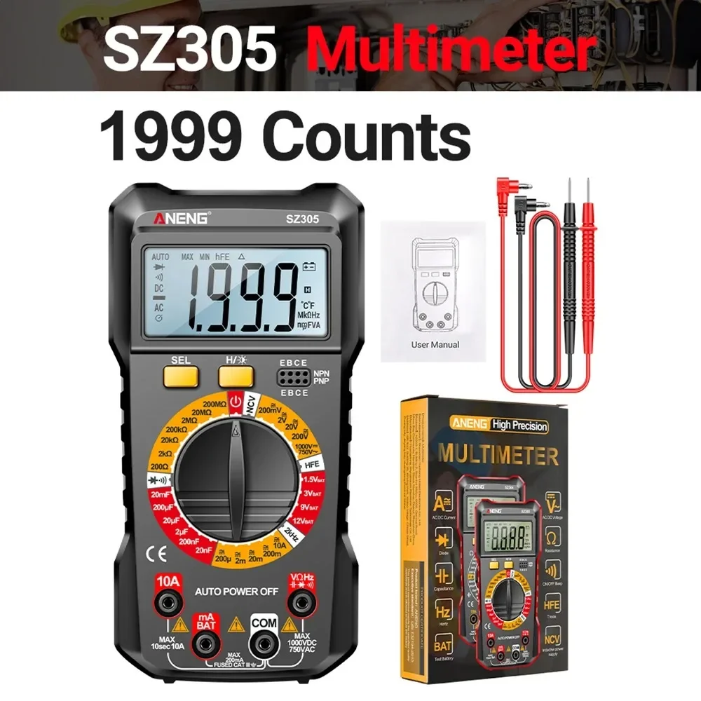 Digital Multimeter Tester 2000/ 1999 Counts Auto Mmultimetro SZ305 SZ304  AC/DC LCD Multimeter True Rms Tranistor Meter Tester