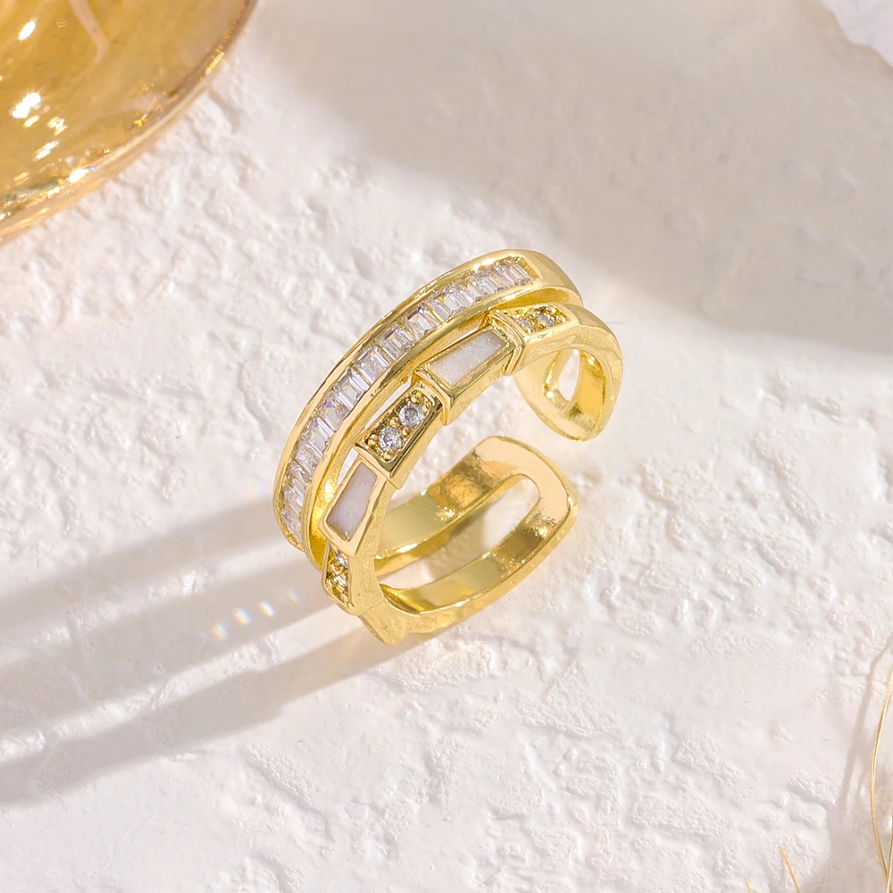 

Top Luxury Double Row Zircon Crystal Open Rings For Women 18K Gold Plated Adjustable Stainless Steel Finger Ring Jewelry Female