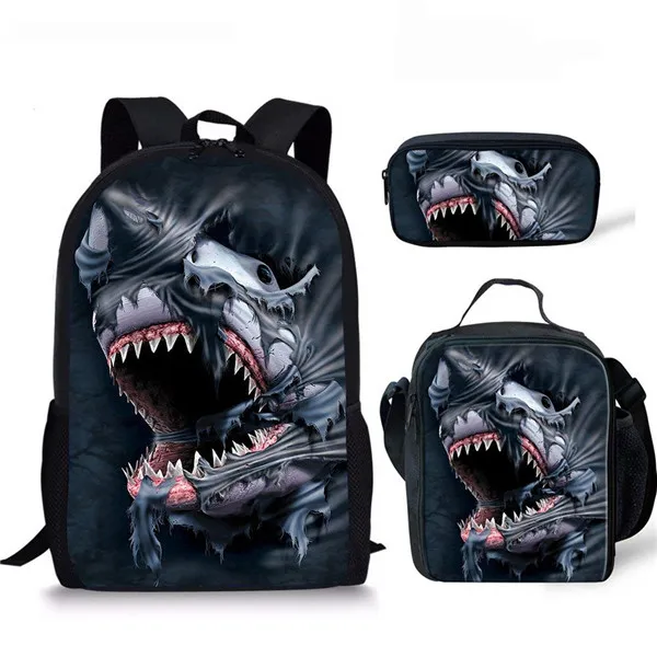 Ocean Ferocious Shark 3D Print 3Pcs School Bag Set Boys Girls Gift Campus Casual Storage Backpack with Lunch Bag Pencil Bag