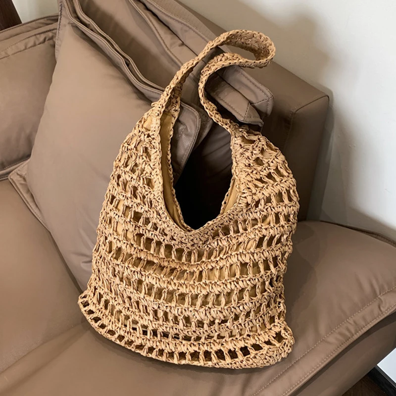 Summer Women Beach Tote Handbags Rattan Crochet Shoulder Bag Casual Commute Bag Vintage Straw Woven Bag