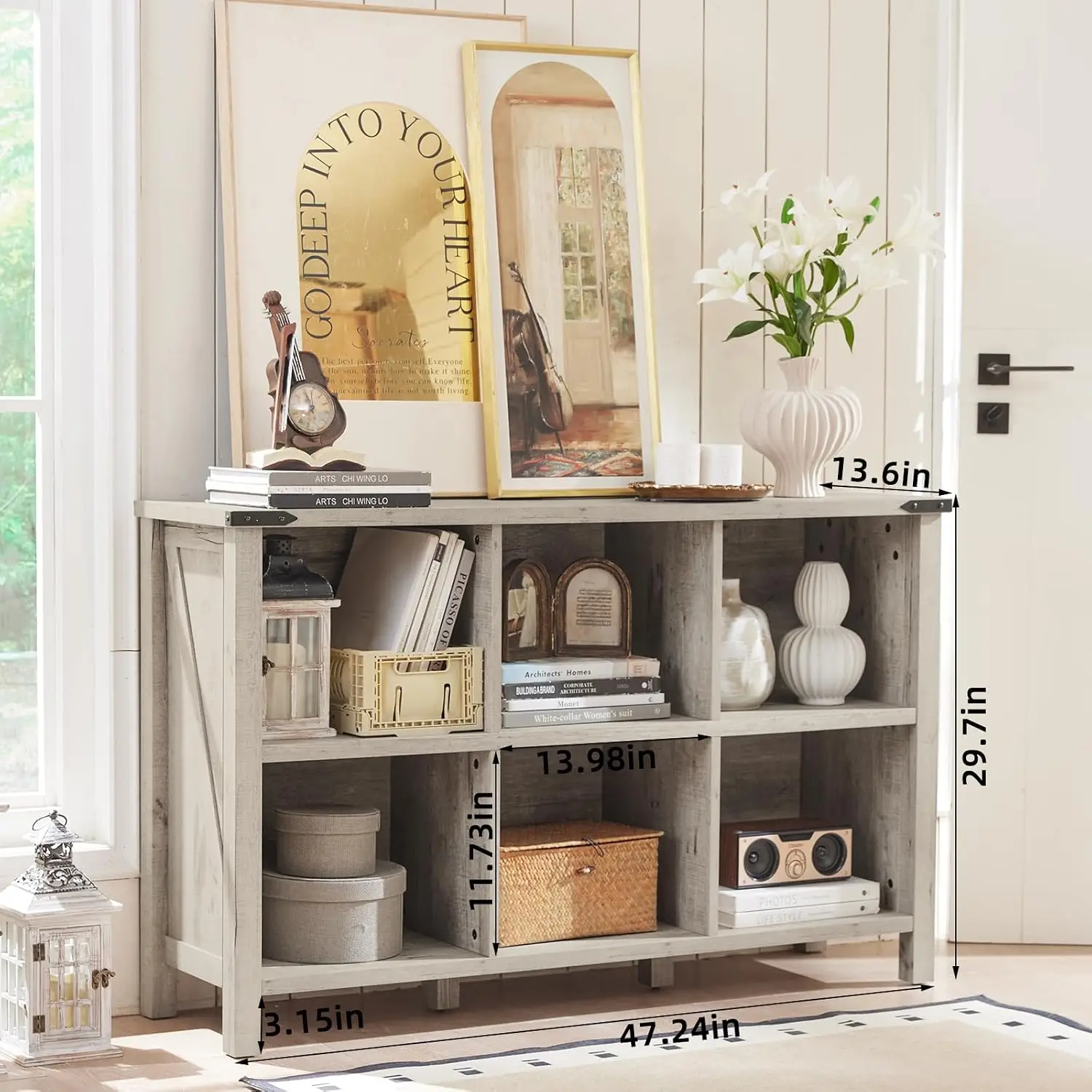 Rustic Oak 6 Cube Storage Organizer Bookshelf, 47 Inch Cubby Bookcase Cabinet, Open Shelf for Living Room & Hallway, Customized