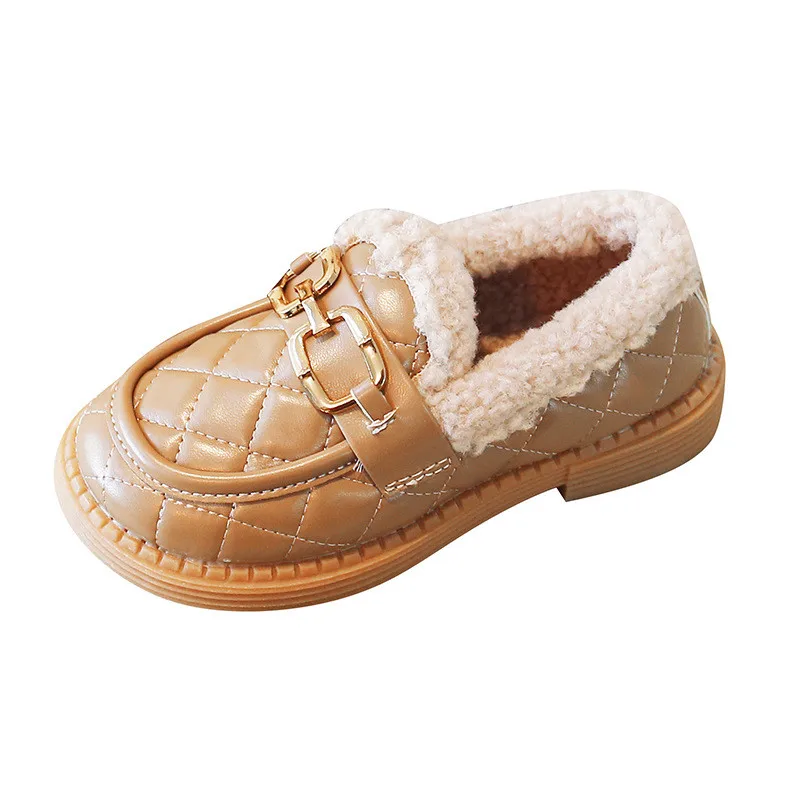 Korean Style Child Fashion Loafers Winter New 2023 PU Metal Chain Girls Cotton Shoes Solid Color Non-slip  plush leather shoes